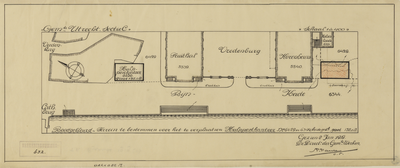 214302 Plattegrond van de bebouwing tussen het Vredenburg en de Rijnkade te Utrecht; met aanduiding van de fruithal, de ...